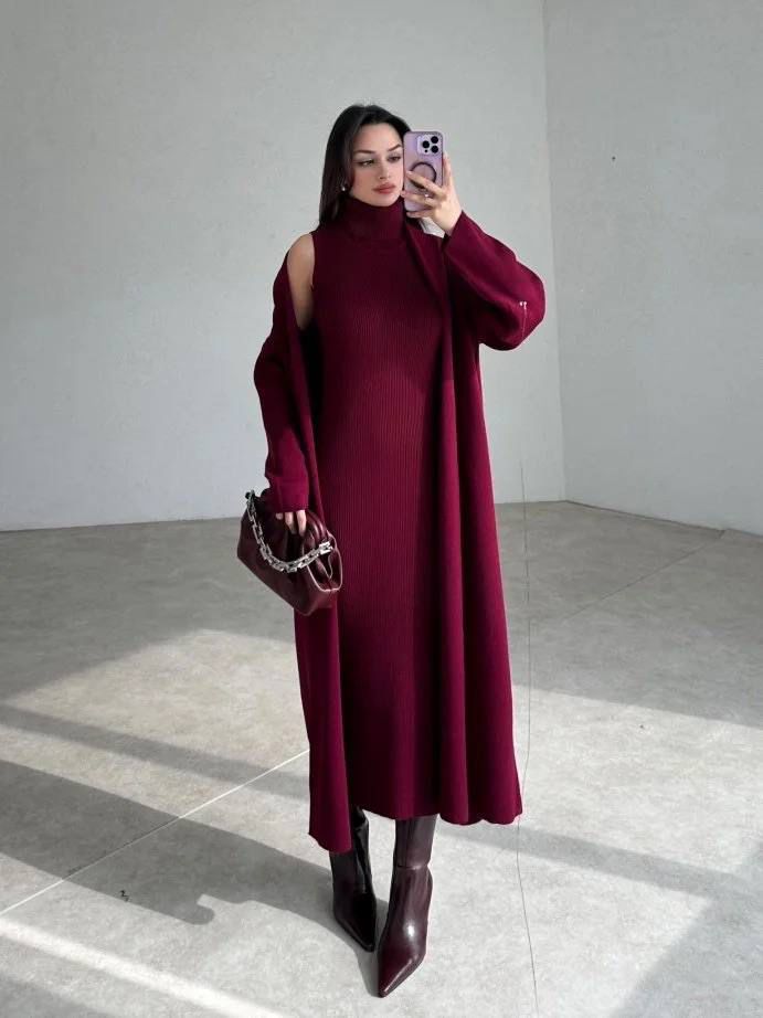 Ribbed Knit Maxi Set with Coat