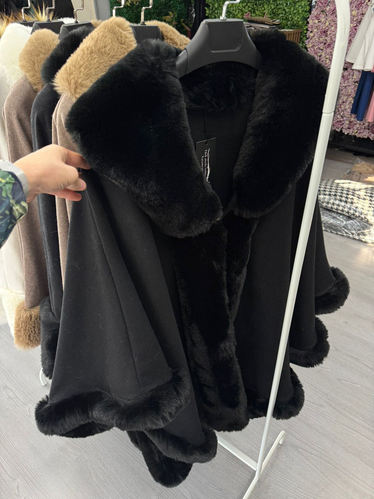 Faux Fur Trimmed Cape Coat