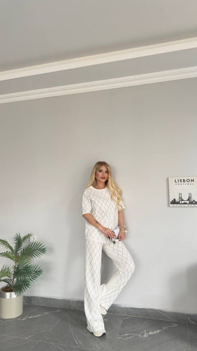 Diamond Grid Knit Top & Wide-Leg Pants Set