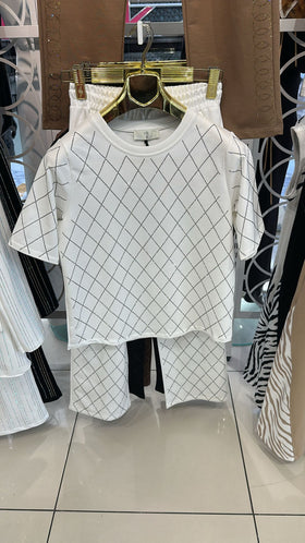 Diamond Grid Knit Top & Wide-Leg Pants Set