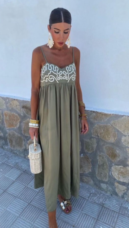 Olive green dress with white pattern