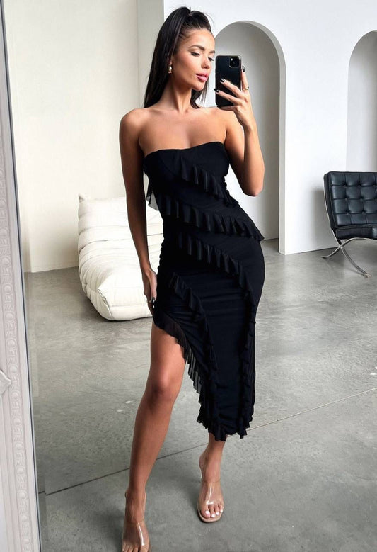 Strapless Ruffled Asymmetrical Dress