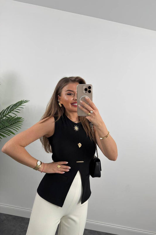 Sleeveless Asymmetric Button Detail Top