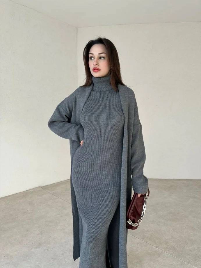 Ribbed Knit Maxi Set with Coat