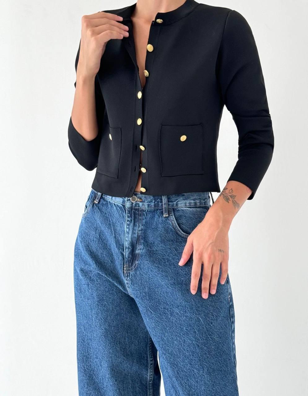 Classic Gold Button Cardigan with Front Pockets