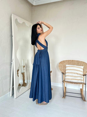Backless Halter Denim Maxi Dress