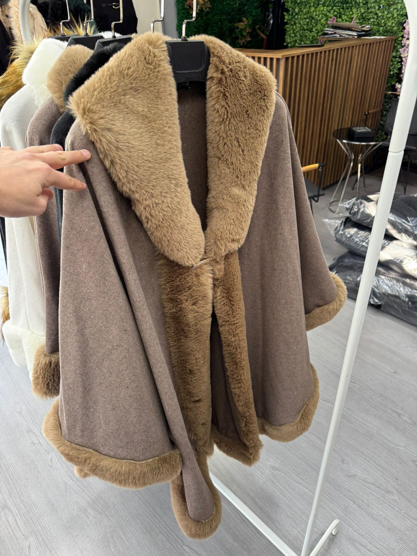 Faux Fur Trimmed Cape Coat