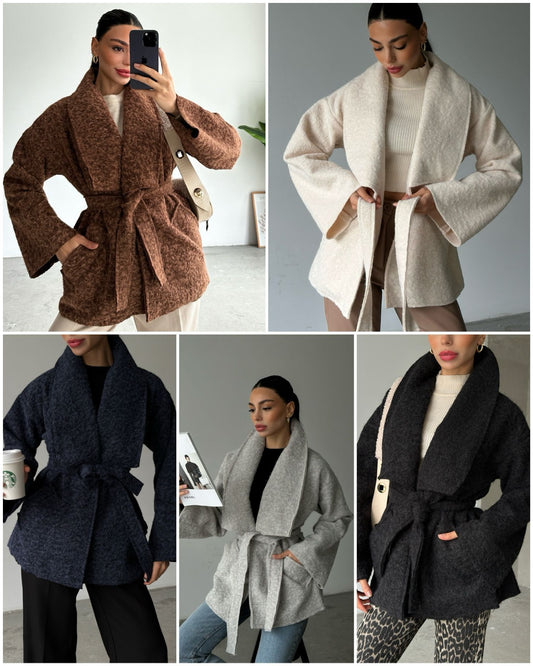 Textured Wrap Belted Wool Jacket