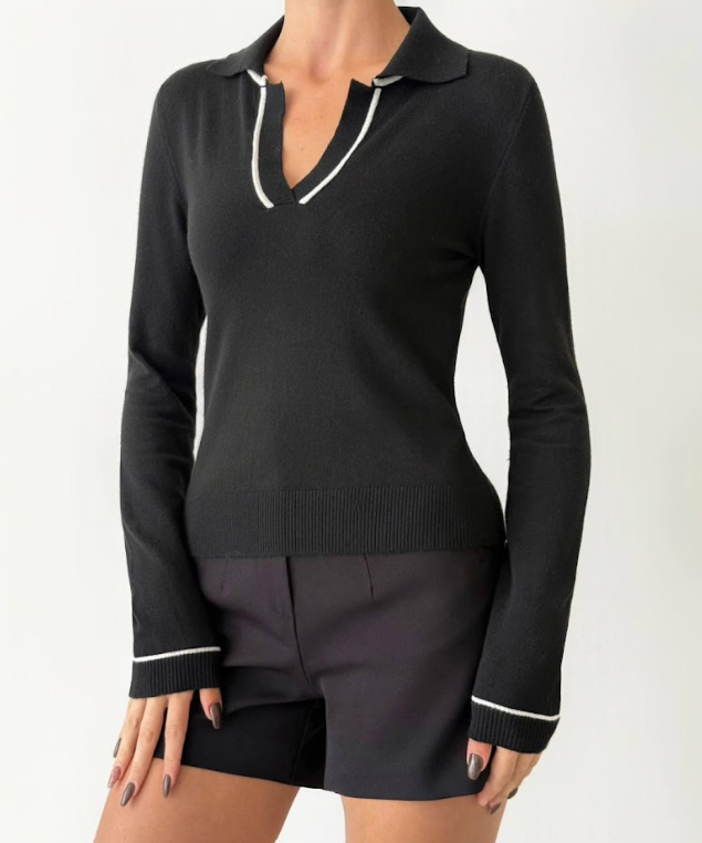 Contrast Trim Collared Knit Top