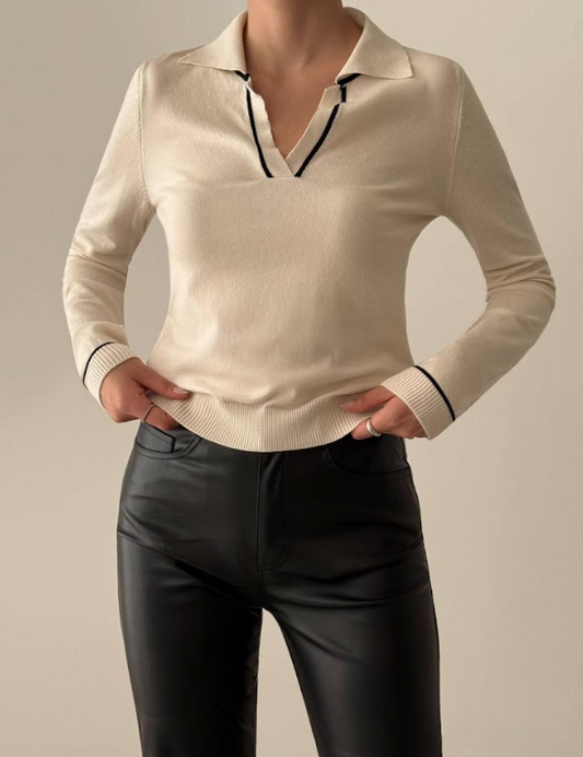 Contrast Trim Collared Knit Top