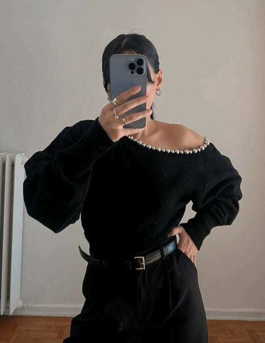 Pearl-Embellished Off-Shoulder Sweater