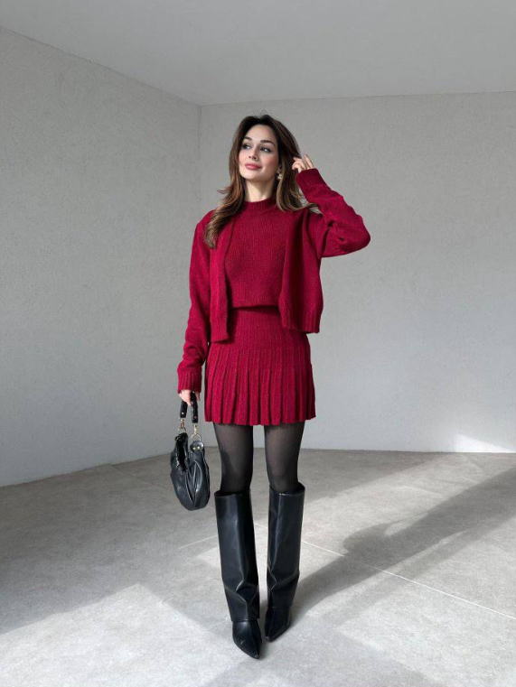 Ribbed Knit Pleated Skirt Set with Cardigan