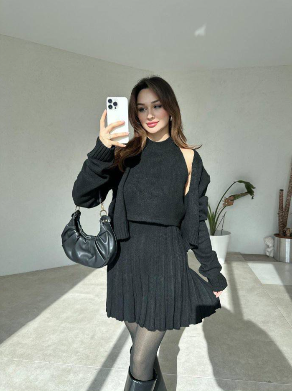 Ribbed Knit Pleated Skirt Set with Cardigan