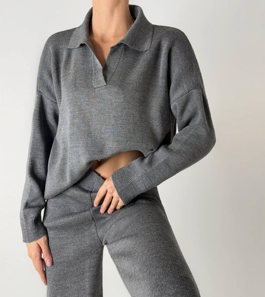 Minimalist Knit Lounge Set with Collared Top