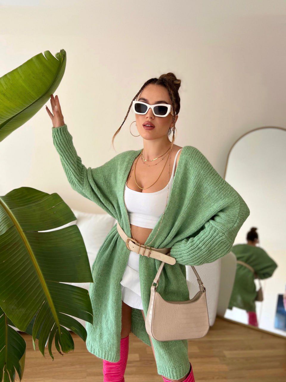 Mint Green Oversized Ribbed Cardigan - 3almouda