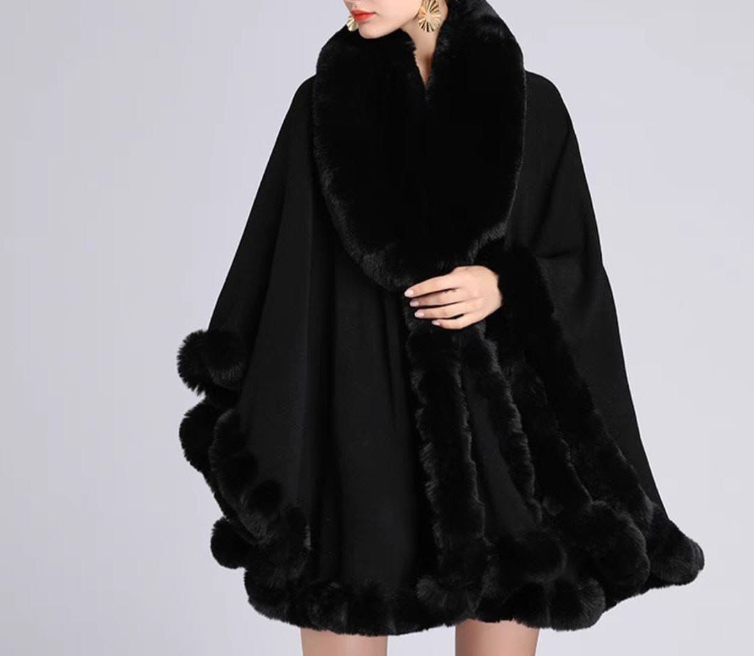 Faux Fur Trimmed Cape Coat