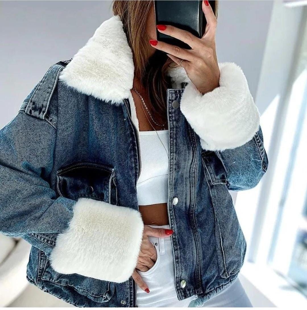 Denim Jacket with Faux Fur Collar - 3almouda