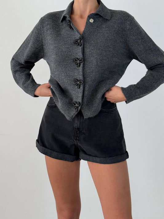 Charcoal Gray Knit Cardigan with Bow Detailing