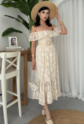 Dress Boho Off-Shoulder Embroidered Midi