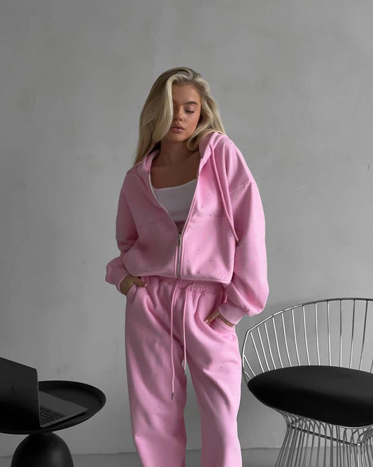 Crystal-Studded Lounge Set with Zip-Up Hoodie