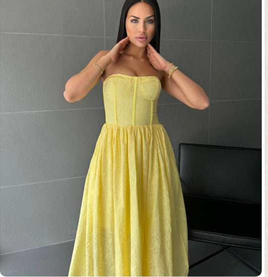 Bright Yellow & White Strapless Lace Dress