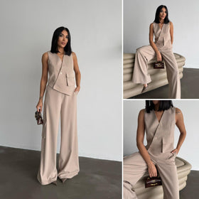 Asymmetric Button Vest & Wide-Leg Trouser Suit Set
