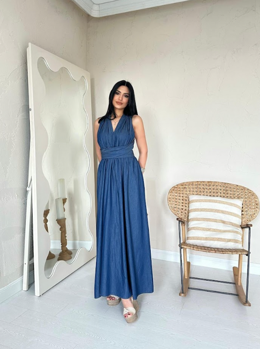 Backless Halter Denim Maxi Dress