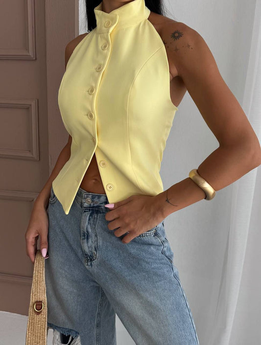 High-Neck Button-Up Top