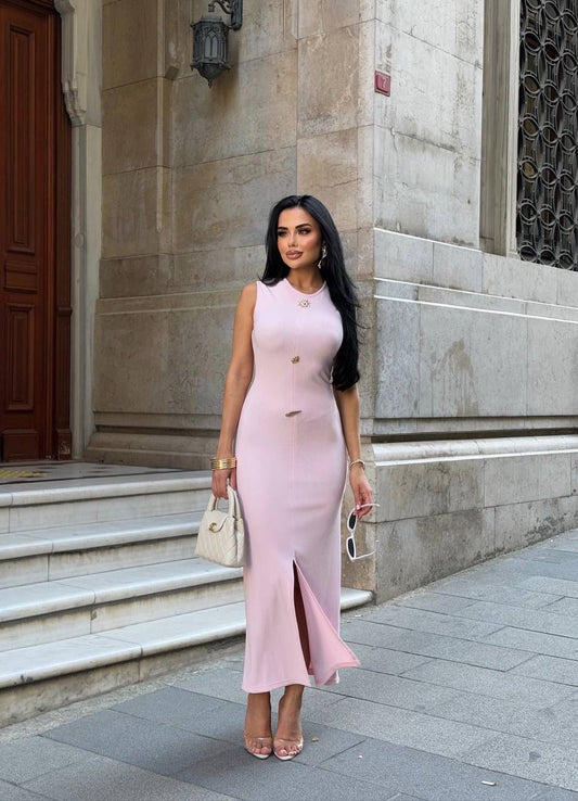 Black Sleeveless Midi Dress with Statement Buttons