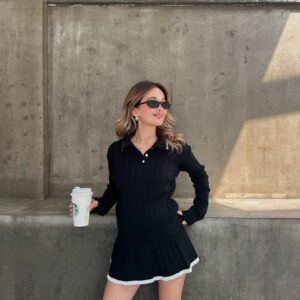 Ribbed Knit Polo Sweater & Skirt Set
