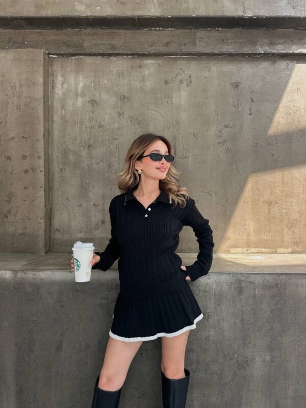 Ribbed Knit Polo Sweater & Skirt Set