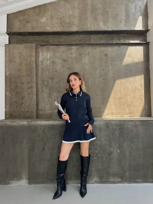 Ribbed Knit Polo Sweater & Skirt Set - Image 4