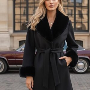 Elegant Faux Fur Trim Belted Coat
