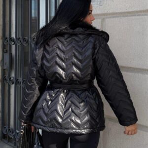 Chevron Puffer Coat with Belted Waist