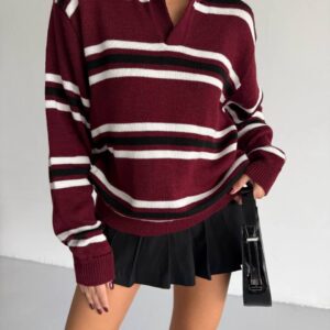Striped Knit Collared Sweater