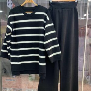 Relaxed Striped Knit Top & Wide-Leg Pant Set
