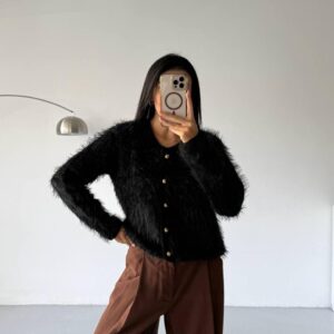 Fuzzy Button Cardigan