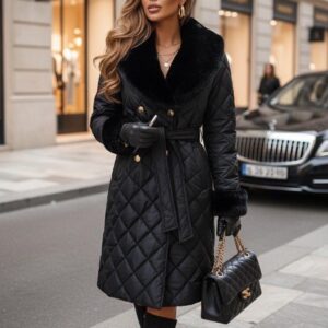 Luxury Quilted Faux-Fur Collar Belted Coat