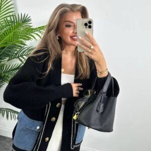 Denim-Pocket Chunky Knit Cardigan