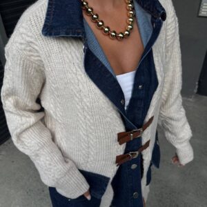 Denim-Trim Knit Buckle Cardigan Jacket