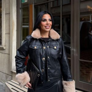 Faux-Leather Jacket with Plush Contrast Fur Trim
