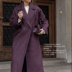 Burgundy Herringbone Wool-Blend Long Coat