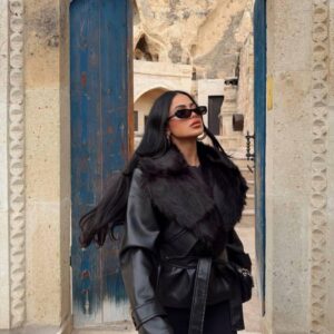 Faux-Leather Belted Jacket with Luxe Fur Collar